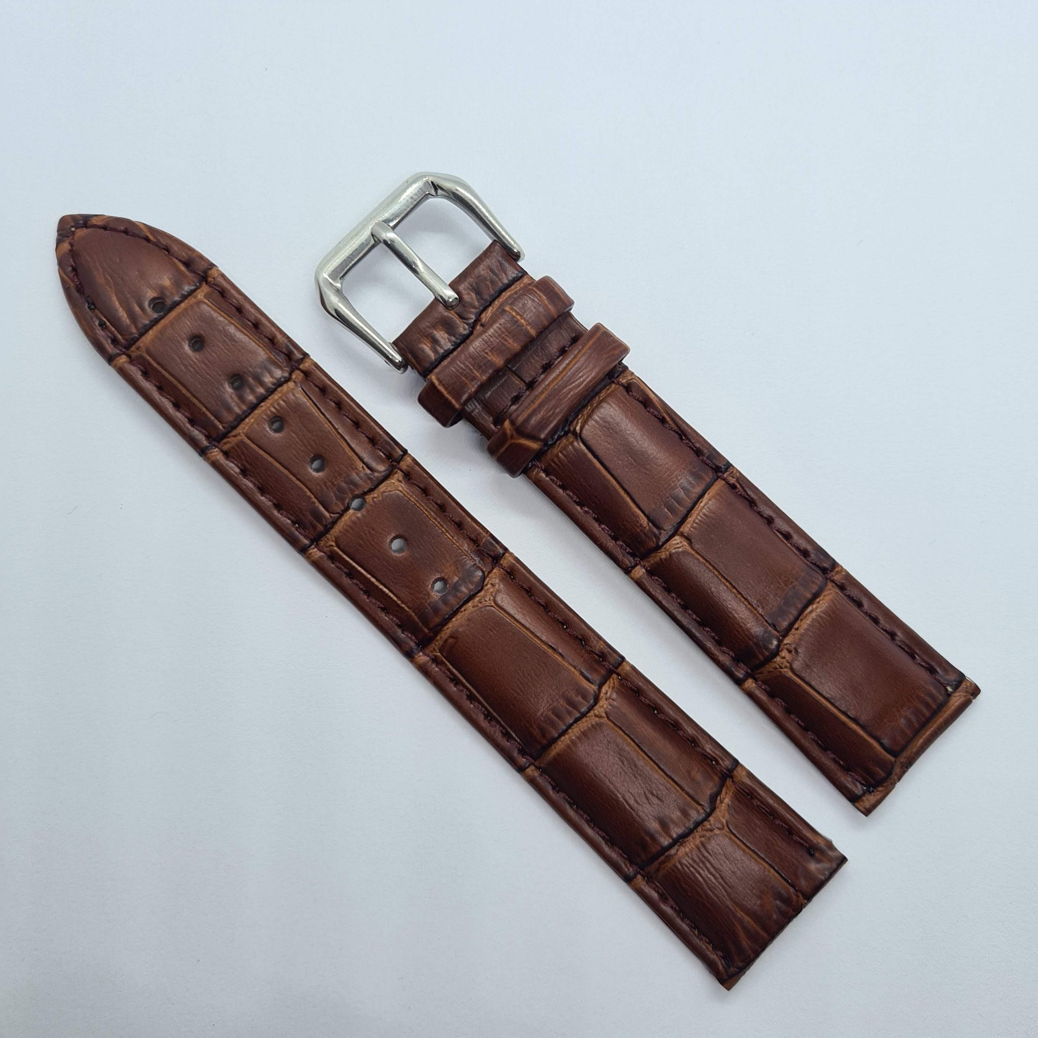 16mm Crocodile Pattern PU Leather Strap Brown (Brown Stitches) Lug to Lug